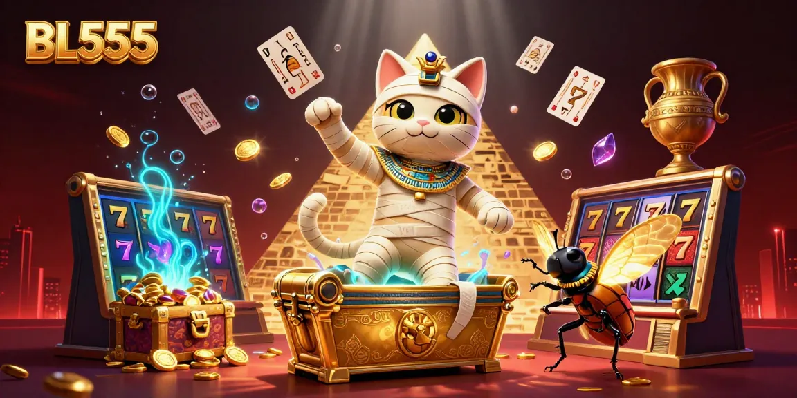 Engage with thrilling casino adventures at BL555 through a captivating scene of a mummy cat, jackpot slots, and glowing treasures.