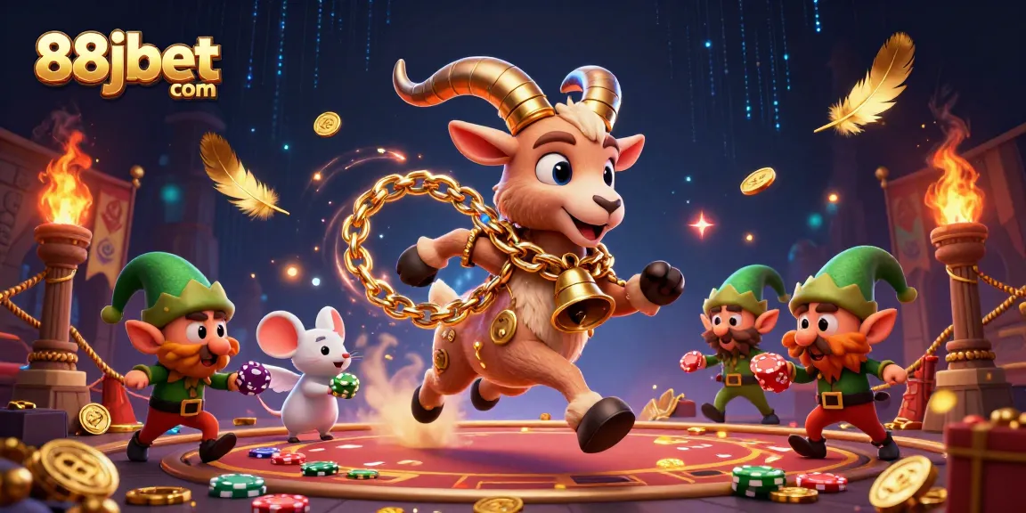 Experience the thrill at 88jbet com with cartoon Krampus goat hosting a chaotic casino scene!