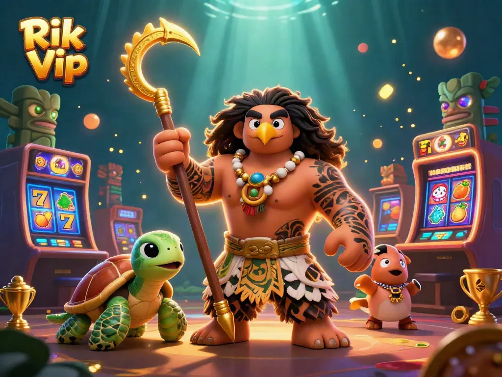 Engage with Rik Vip's dynamic casino scene featuring a demigod, turtle, and slot machines.