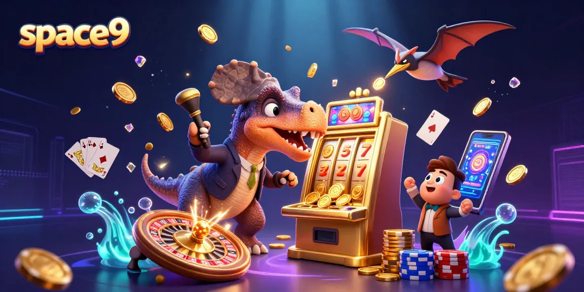 space9 casino features a cartoon dinosaur jackpoting on a slot machine in a vibrant gaming scene