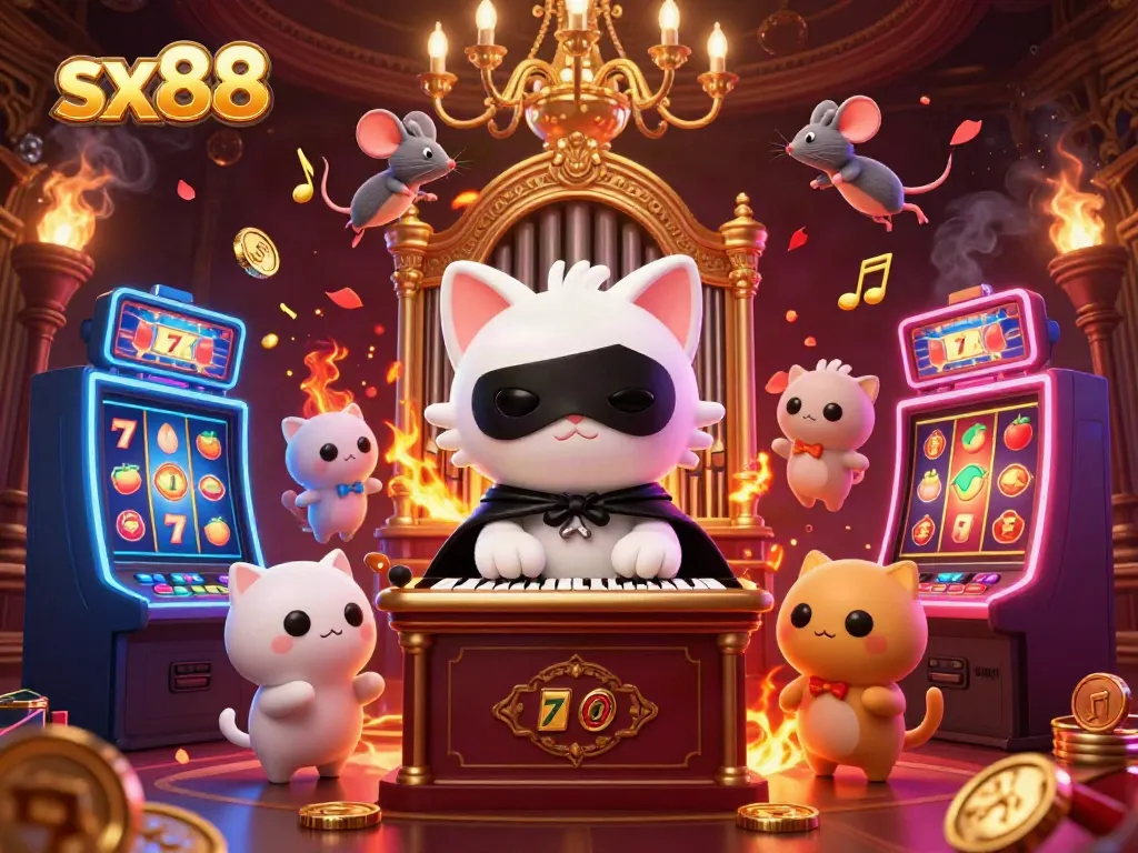 Engage with sx88's thrilling slot games and illuminated casino atmosphere featuring a white cat and mouse acrobat.
