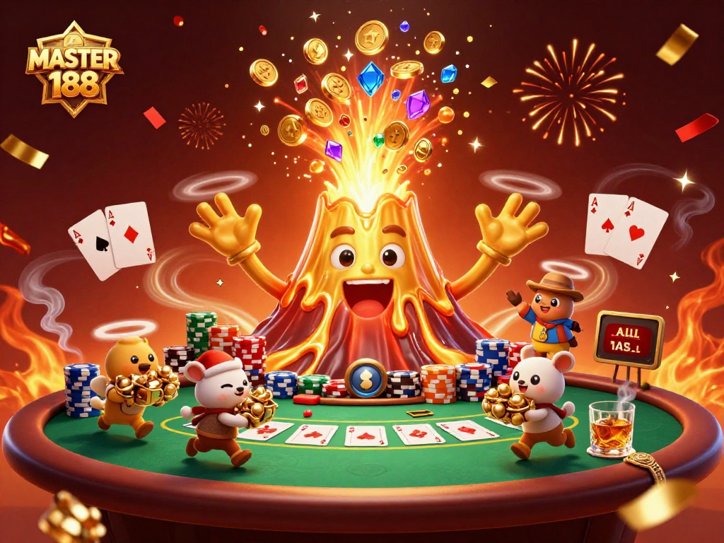 MASTER188 showcases a vibrant poker scene with coins and treasure erupting from a golden volcano.