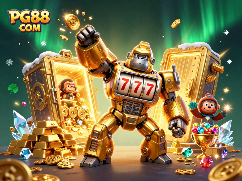 Engage with thrilling jackpots at PG88 COM featuring a dynamic golden gorilla mech surrounded by treasures!