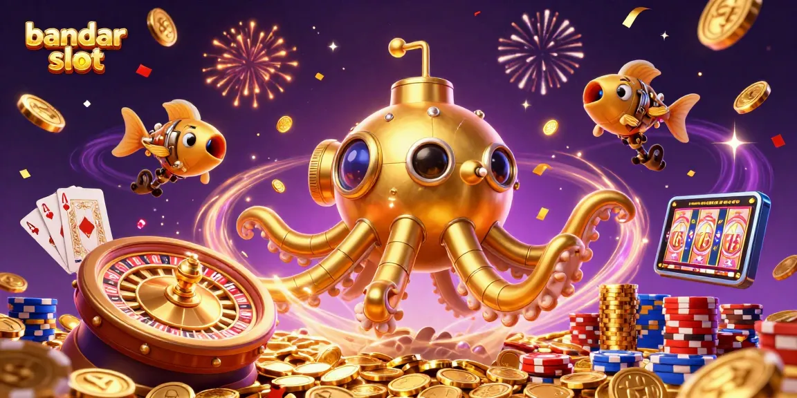 Experience the thrill of bandar slot with a vibrant, golden kraken submarine amidst cascading coins and dynamic game elements.