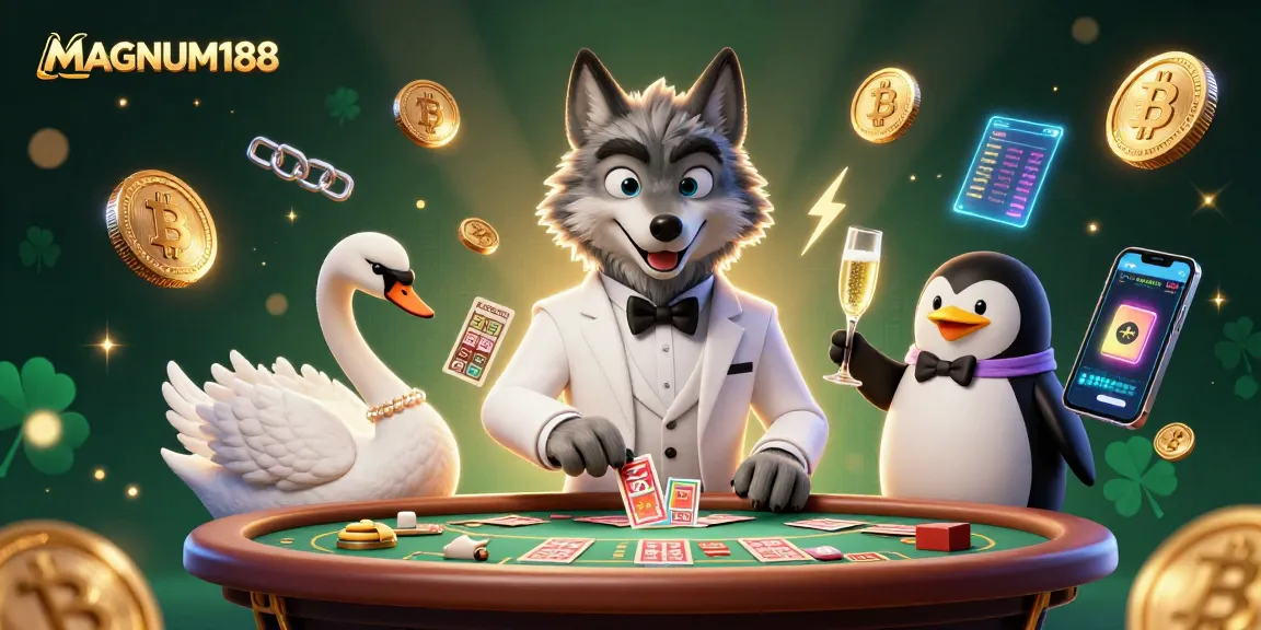 Magnum188 offers thrilling lottery experiences with a charming wolf, swan, and penguin in action.