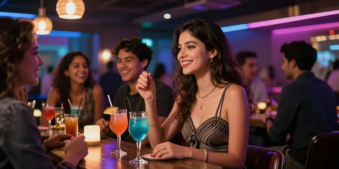 Gái gọi tại quán bar đầy màu sắc, bạn bè vui vẻ trong không khí sôi động.