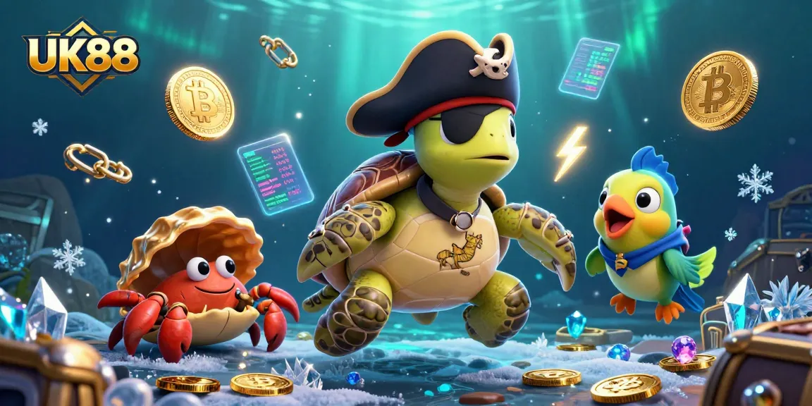 Experience thrilling gaming at UK88 with a vibrant underwater casino scene featuring cute characters and crypto elements.