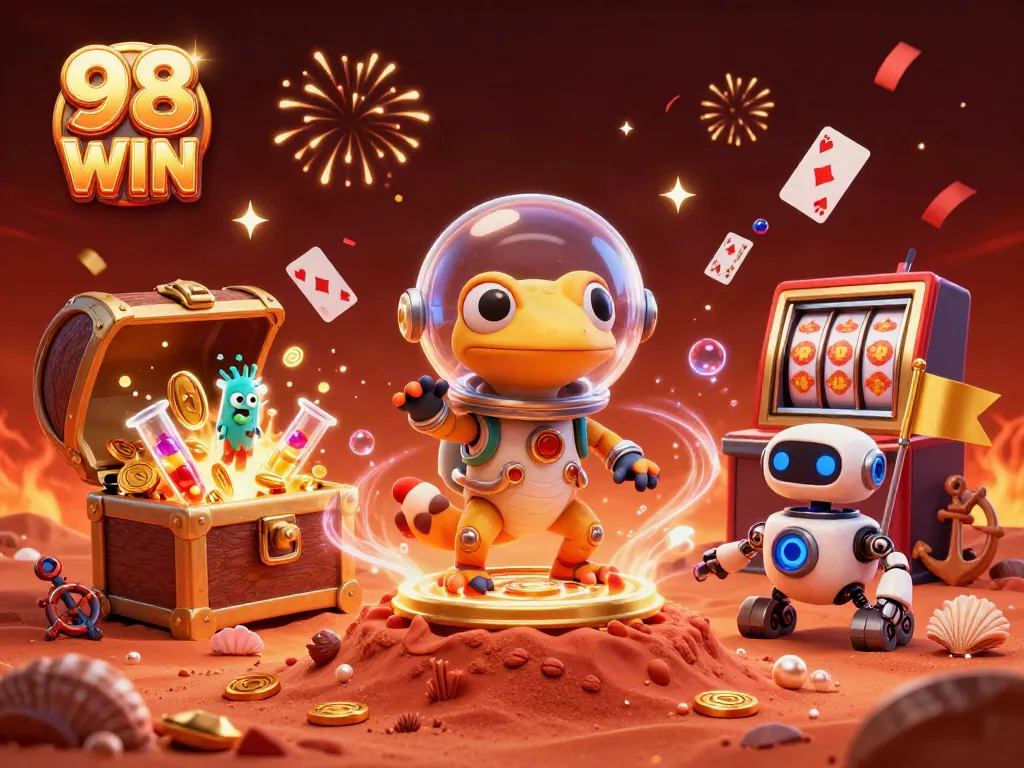 The 98 WIN Martian gecko discovers a vibrant golden casino set against a fiery Mars backdrop.