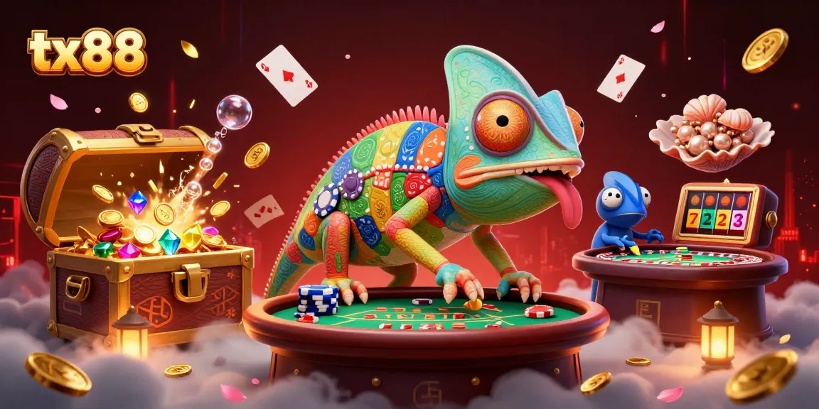 Engage in the vibrant world of tx88 with a chameleon casino owner amidst treasures and games.