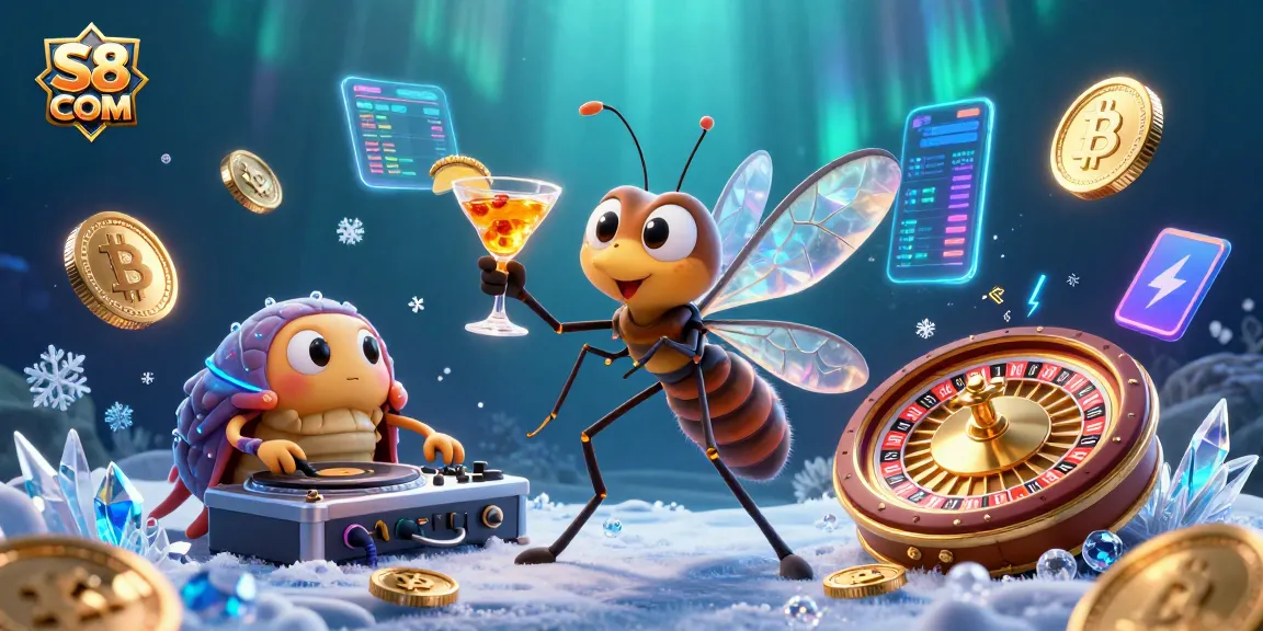 S8 COM showcases a vibrant casino scene with a golden cocktail mascot, cryptos, and dynamic elements.