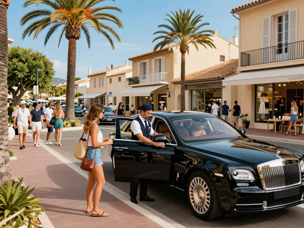 Taxi Saint Tropez avec une berline de luxe accueillant des clients dans une scène de rue vibrante.