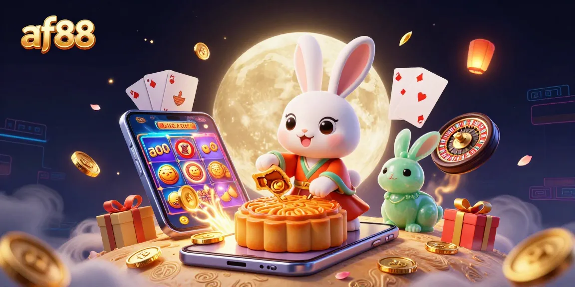 Play with af88 as the moon rabbit reveals hidden poker chips in a vibrant casino scene.