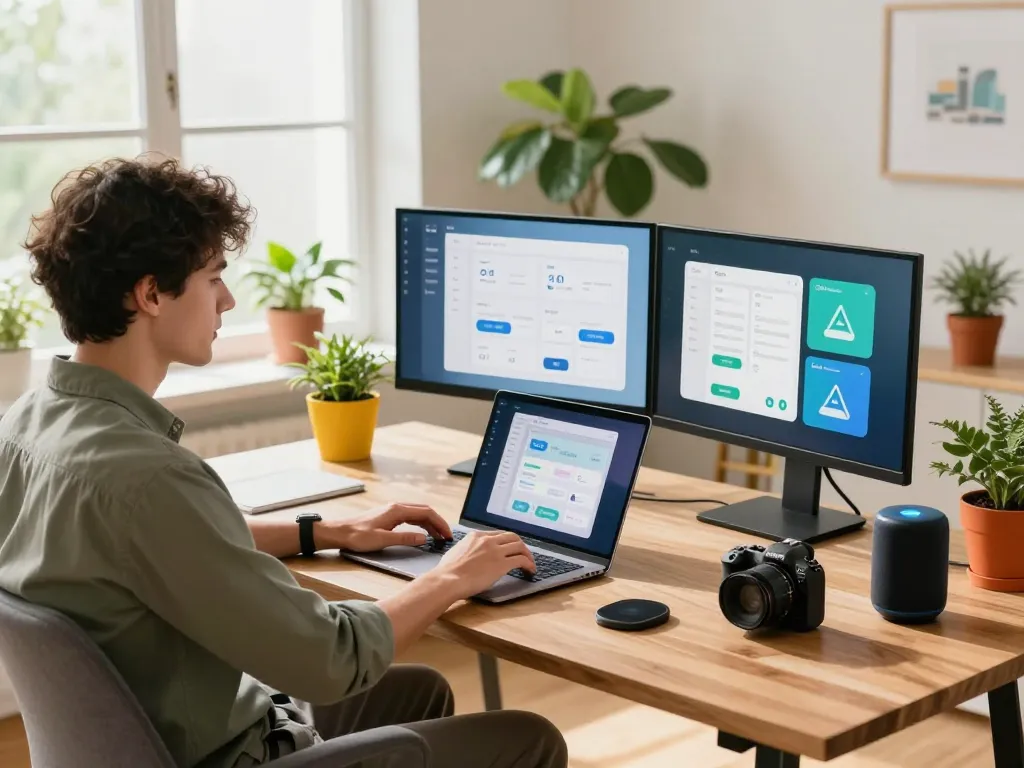 Explore innovative tech gadgets for home in a vibrant workspace, featuring smart devices and a modern setup.