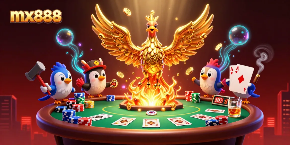 Experience winning moments at mx888 with our vibrant 3D portrayal of casino excitement featuring golden phoenix and poker tables.