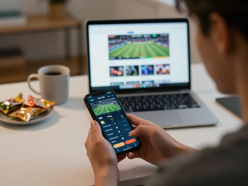 Engaged user placing bets on the 7m-7m app for live sports scores in a cozy home office setup