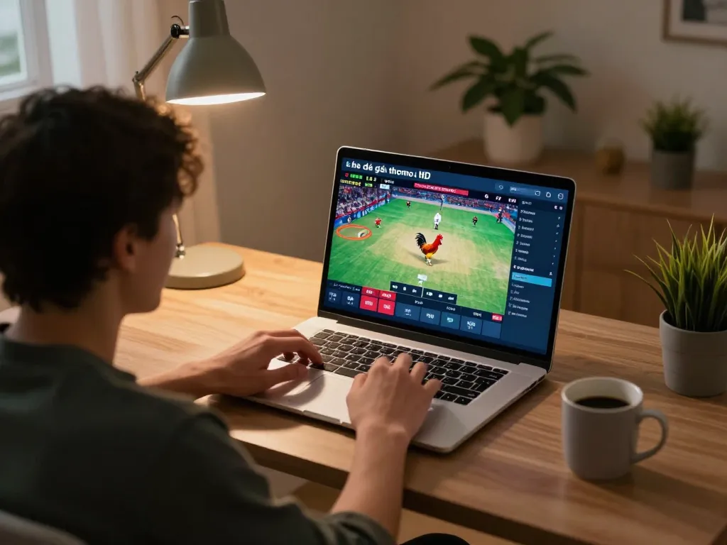 Thưởng thức đá gà thomo HD trực tiếp trên laptop, trình diễn gameplay thú vị trong không gian ấm cúng tại nhà.