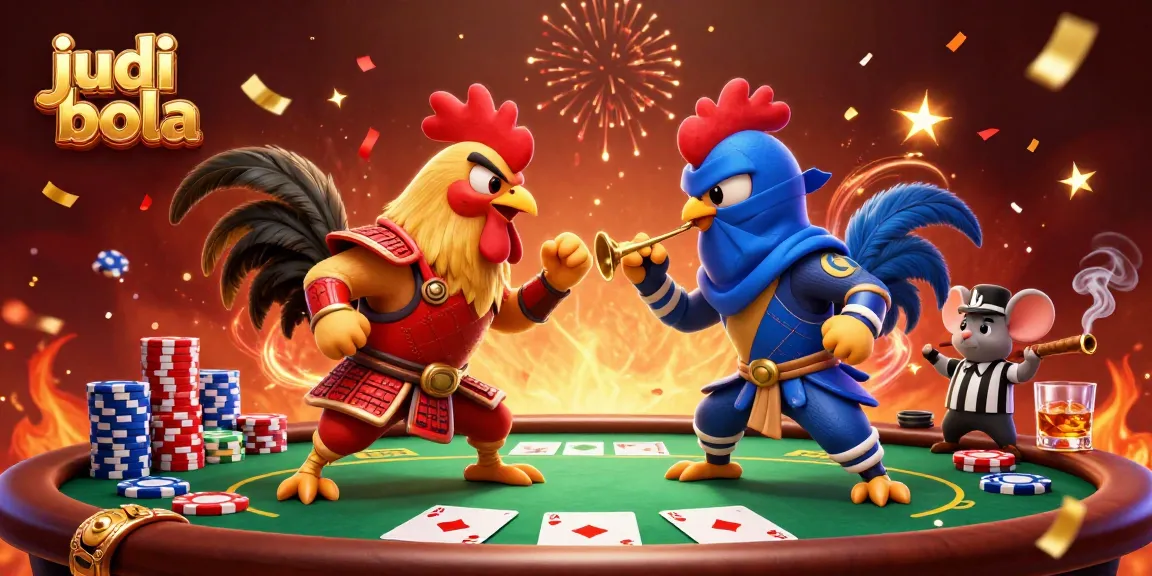 Watch twin roosters engage in a dramatic judi bola showdown with colorful poker elements.