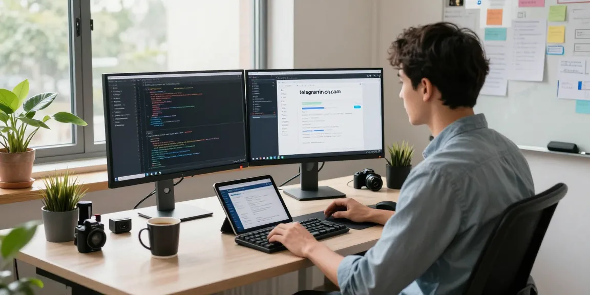 Developer working on coding and design for telegramin-cn.com in a modern office environment