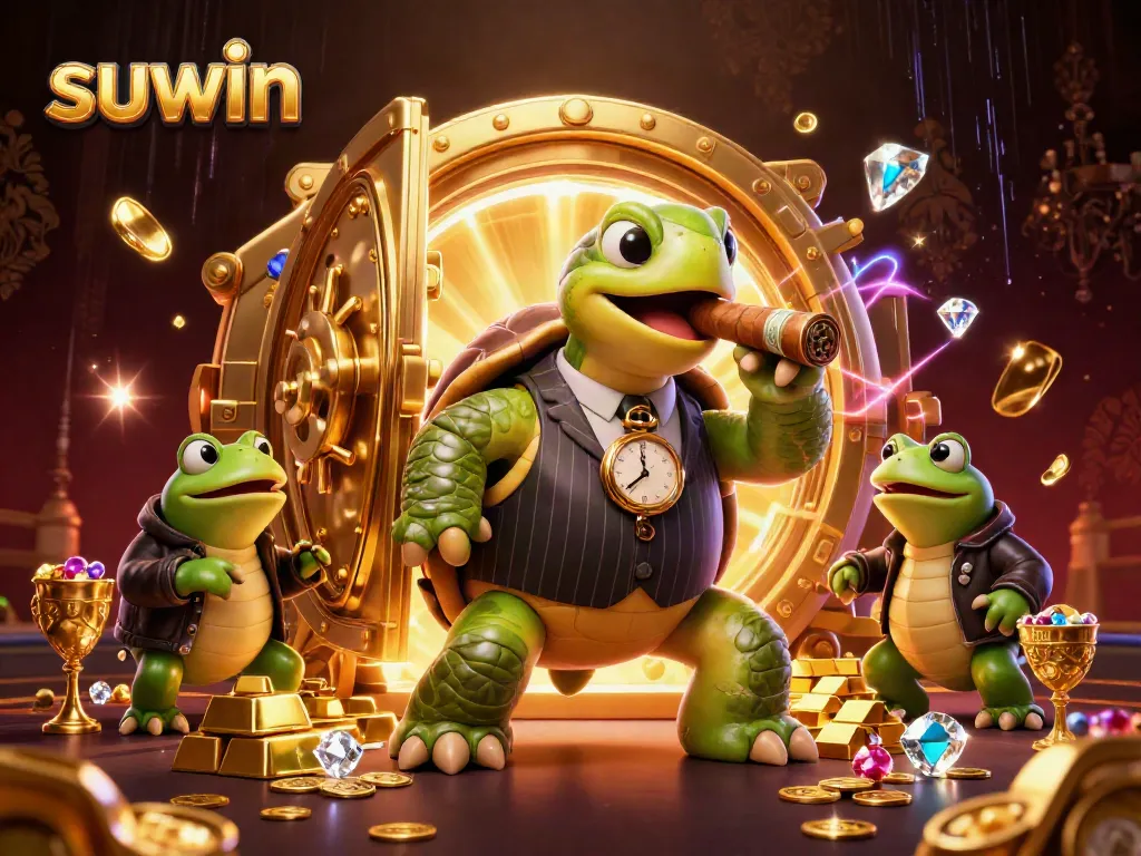 Suwin's cartoon casino scene showcases a mobster turtle and bullfrog enforcers surrounded by treasures.