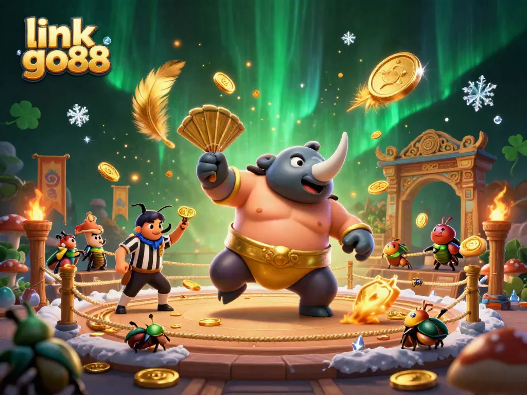 Engage in the thrilling world of link go88 with a colorful atmosphere featuring a sumo champion beetle amidst flying coins, capturing the excitement.