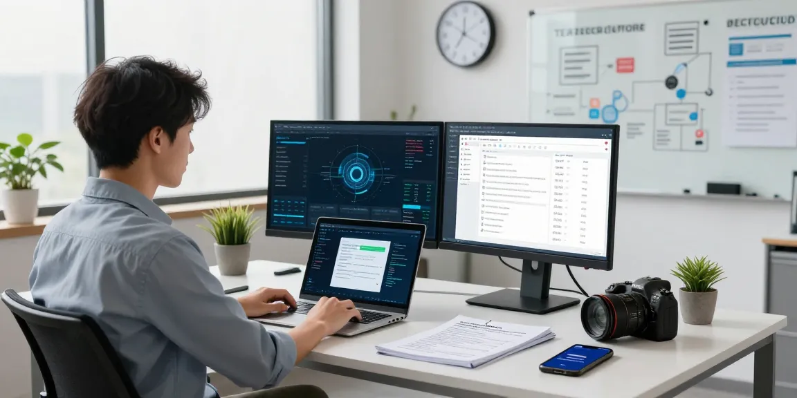 Cyber Essentials accreditation achieved in a modern office setting, showcasing cybersecurity compliance efforts with dual monitors displaying analytics and documentation.