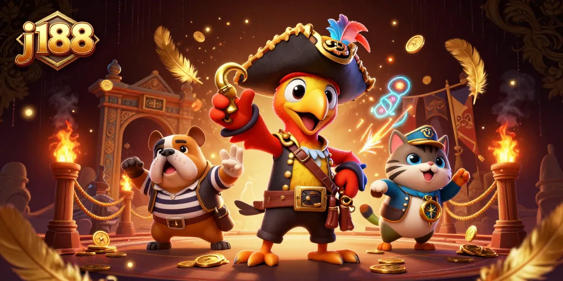 Experience thrilling gameplay with j188's rich pirate-themed casino illustration filled with vibrant details.