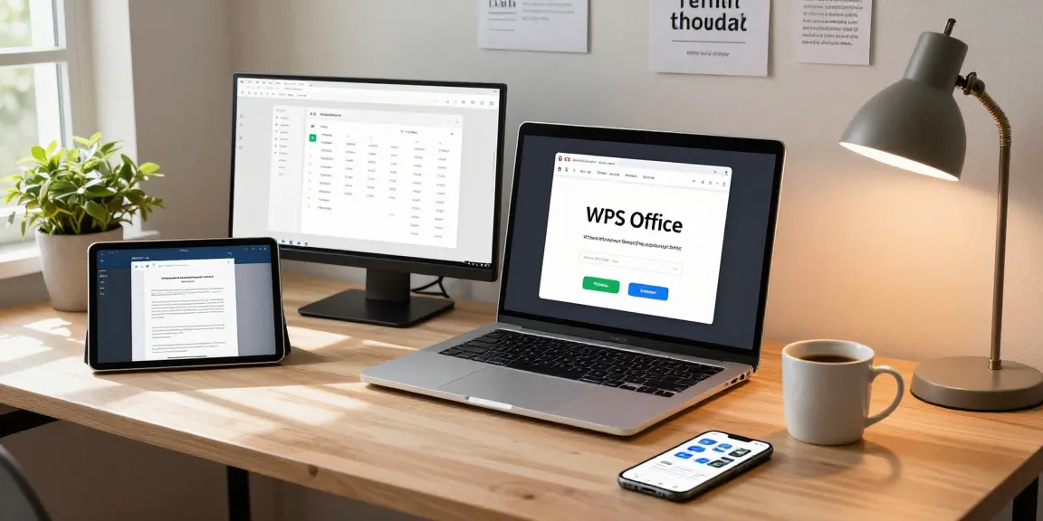 Download WPS Office on a laptop in a modern workspace with productivity tools and natural light.
