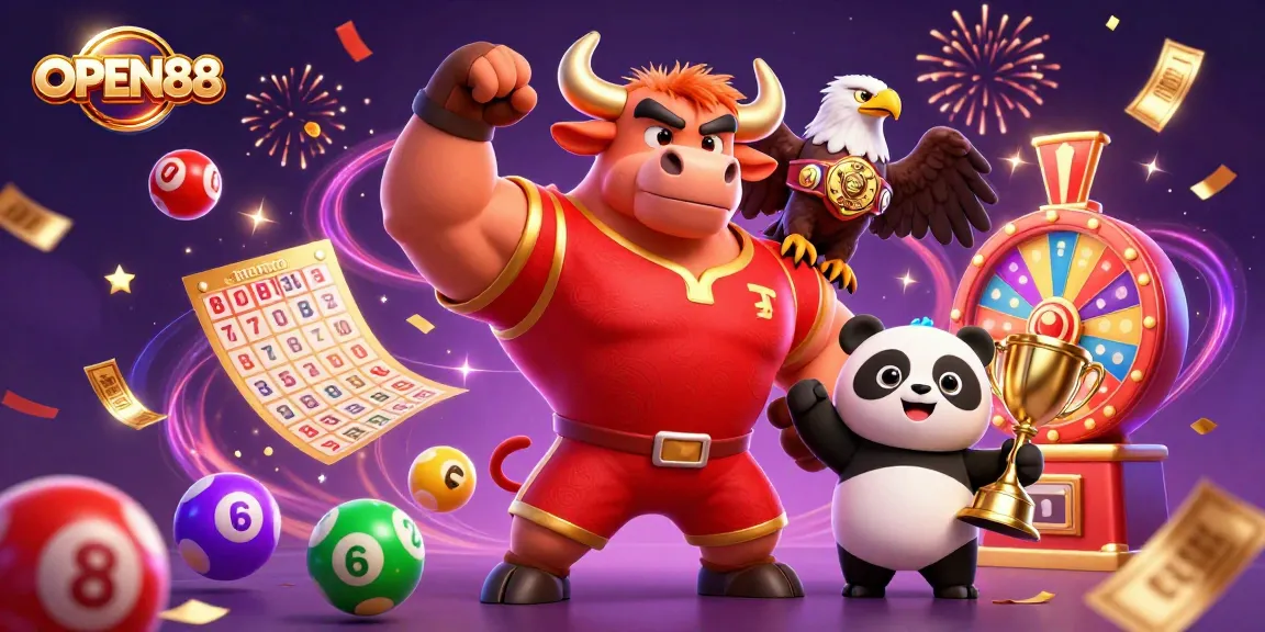 Experience the excitement of OPEN88 with a victory pose by a muscular bull mascot, vibrant game elements surrounding.