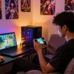 Gamer enjoying xxx games on mobile device in cozy gaming room