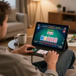 Séance de blackjack en ligne engageante montrant casino en ligne argent réel sur l'écran d'une tablette dans un cadre domestique confortable.