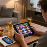 Spin and win on slots with https://tr88.bio/ in a cozy home gaming setup featuring a tablet display.