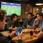Scène engageante de l'excitation du virement instantané paris sportif, des amis analysant les cotes sportives sur leurs smartphones dans une atmosphère animée.