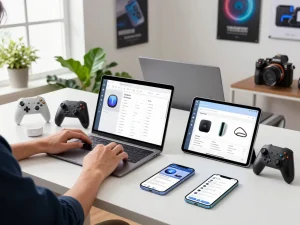 Innovative tech gadgets enthusiast analyzing Bluetooth devices in a modern workspace.