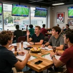 A lively sports betting scene with fans discussing Kèo nhà cái odds and upcoming football matches in a modern sports bar.