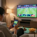 Betting on live sports with keonhacai tv on a smartphone in a cozy room.