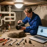 Technician conducting sewer and drain services inspection with camera equipment in organized basement.
