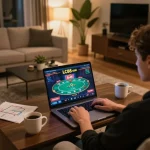 Engaged player using LC88 com for online casino gaming in a cozy living room setting