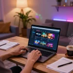 Engaged player using 88vvgo for immersive online casino experience with strategy notes nearby.