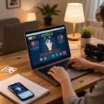 Engaging with sunwingo blackjack on a laptop showcasing strategic gameplay in a cozy home environment