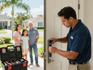local locksmith Hobe Sound installing a high-security deadbolt in a home, promoting security and expertise in locksmith services