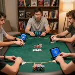 Engaging in game bài đổi thưởng online, players interact through devices with chips in view, creating a lively atmosphere.