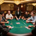 Players engage in an intense poker game at the luxurious RR88 casino.
