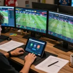 Engaging in kèo nhà cái 88 sports betting with multiple screens and strategy notes in a modern workspace.