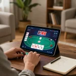 Player engaging with tablet for online gambling at home showcasing 888bgo in a cozy setting.