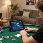 FA88 player enjoying online poker on tablet, surrounded by strategy notes and snacks in cozy living room
