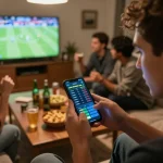 Engaging a smartphone for keo nha cai while enjoying live football with friends at home