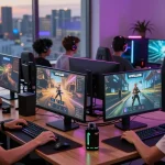 Dynamic gaming atmosphere with players enjoying HITCLUB games on various devices in a lively urban setting.