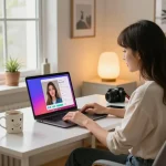 A woman interacting with her AI gf in a cozy home office, showcasing a modern virtual dating experience.