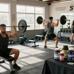 Anaboles Training im Steroidshop mit Bodybuildern, die mit Gewichten trainieren, umgeben von hochwertigen Steroidprodukten.