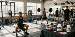 Anaboles Training im Steroidshop mit Bodybuildern, die mit Gewichten trainieren, umgeben von hochwertigen Steroidprodukten.
